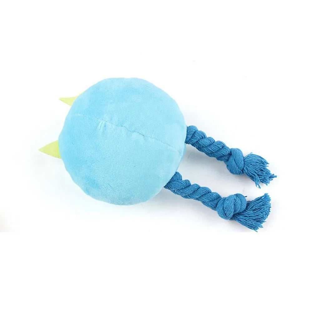 Yellow and blue dog squeaky toy with knot rope design for chewing and dental cleaning