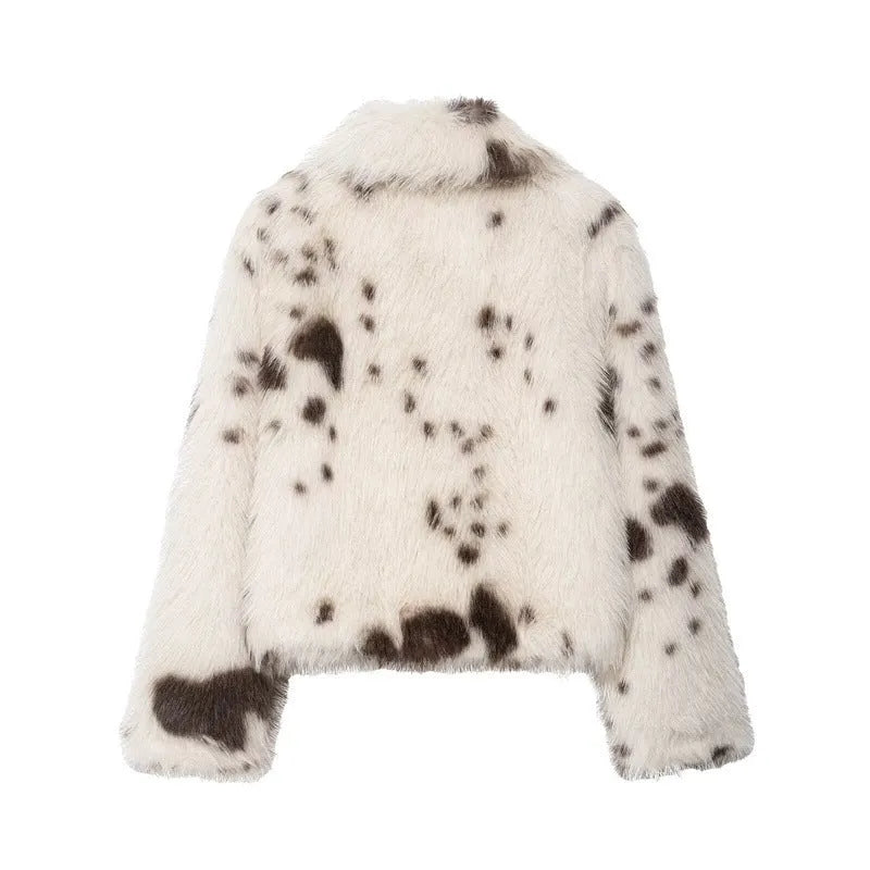 Women's artificial fur animal pattern coat with faux fur collar in brown or black coffee, long sleeves, sizes XS to L