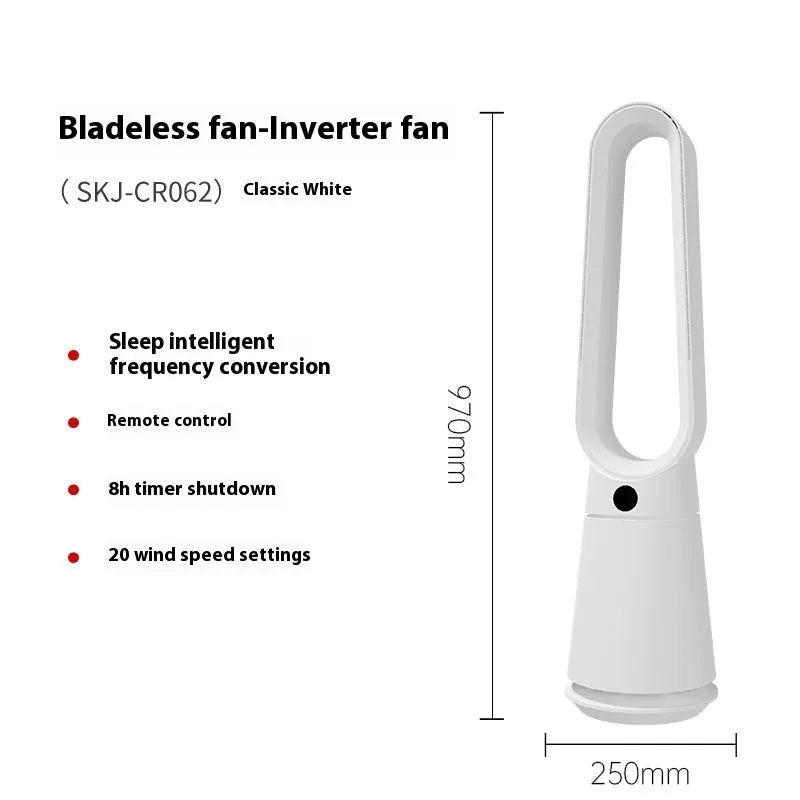 SK white bladeless tower fan with remote control on a wooden floor next to a desk.