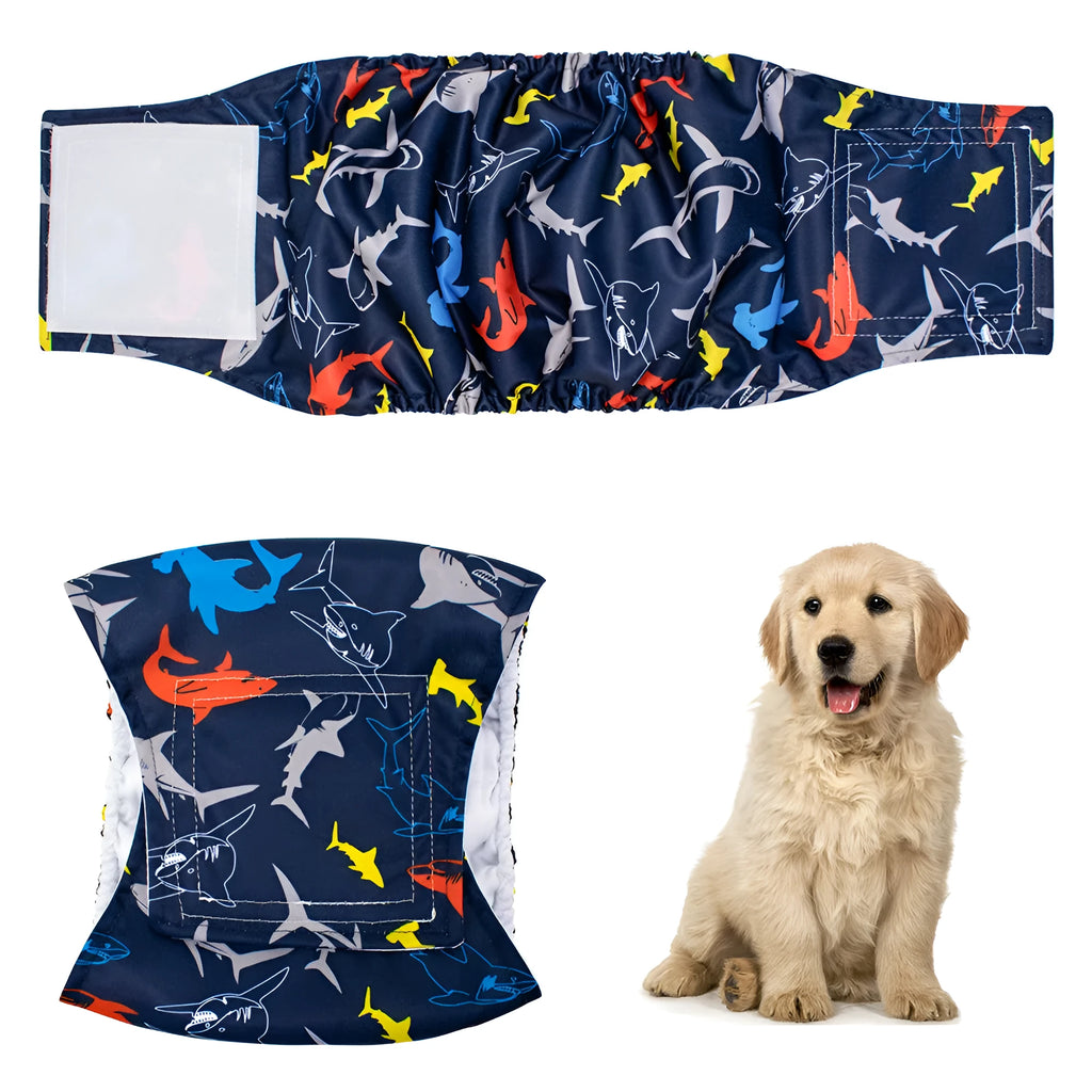 Male dog diaper in polyester, wrap style for male dogs, sizes S-XL, multiple colours.
