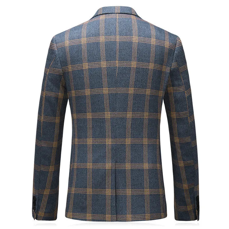 Men's yellow check three-piece business wedding suit set with vest, trousers, and coat