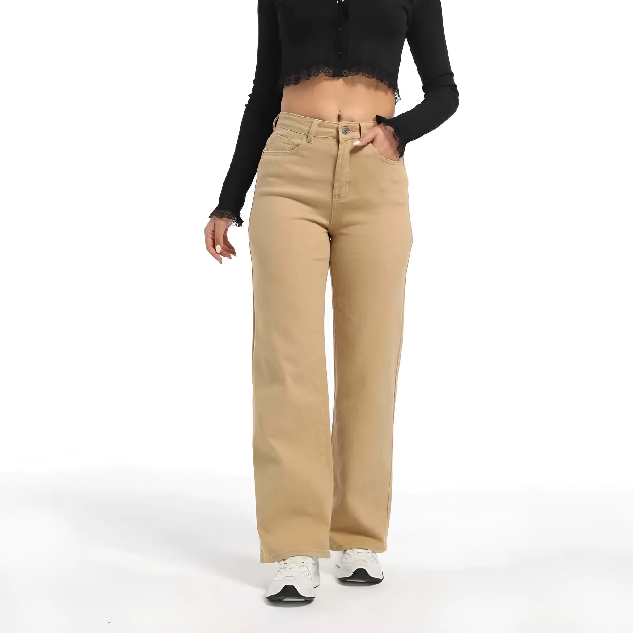 Women's high-waisted straight leg jeans in apricot colour, showing wide leg and elastic cotton fabric.