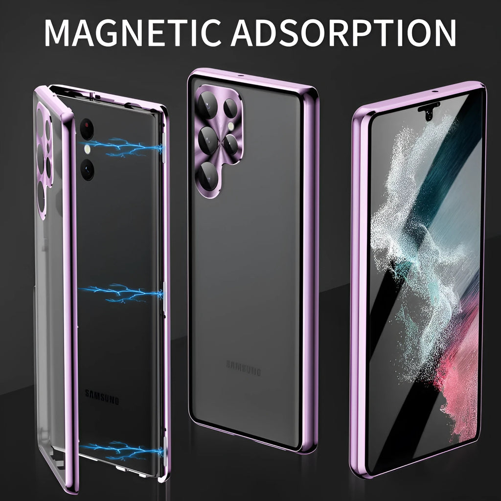 Black magnetic phone case with integrated mirror for Samsung Galaxy S24 Ultra shown from the front.