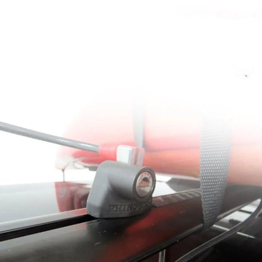 Steel cable fixed lock with plastic-sheathed cables for securing equipment on a vehicle roof platform.
