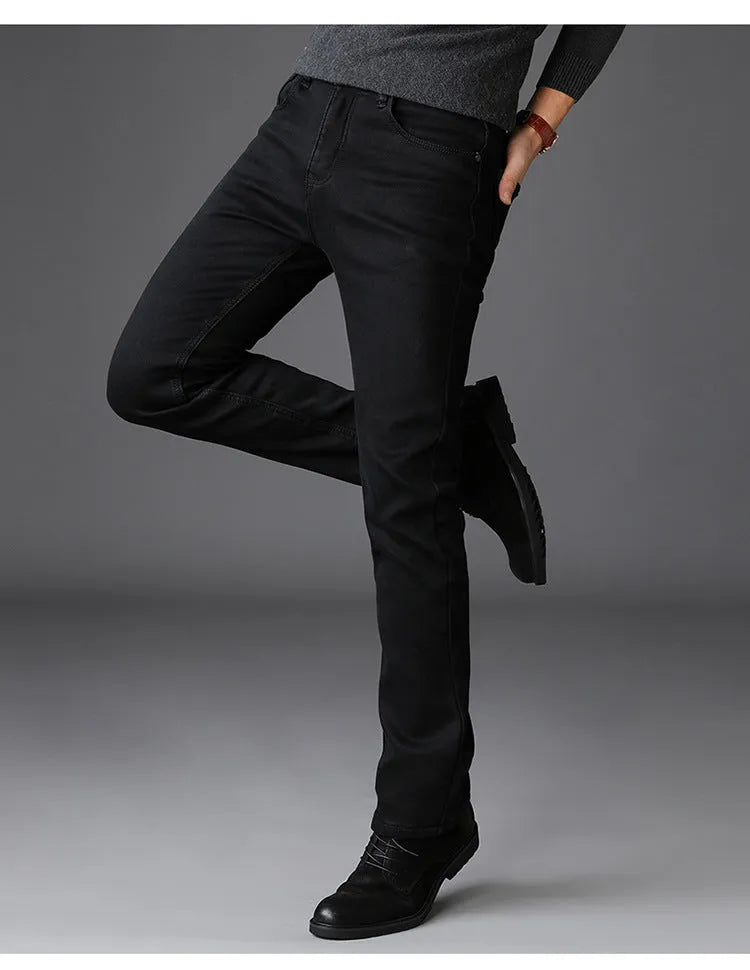 Men's slim straight black denim jeans with mid waist, zip fly and water-washed finish, sizes 28-40