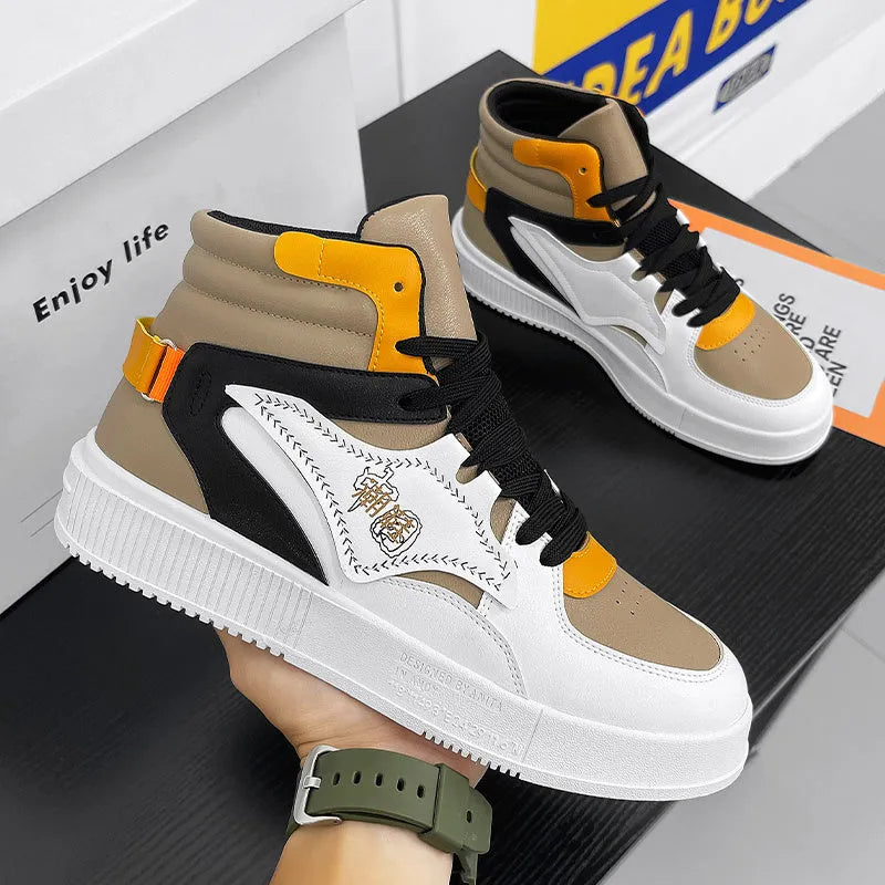 Teenagers high-top sneakers in beige with lace-up closure PU upper and rubber sole