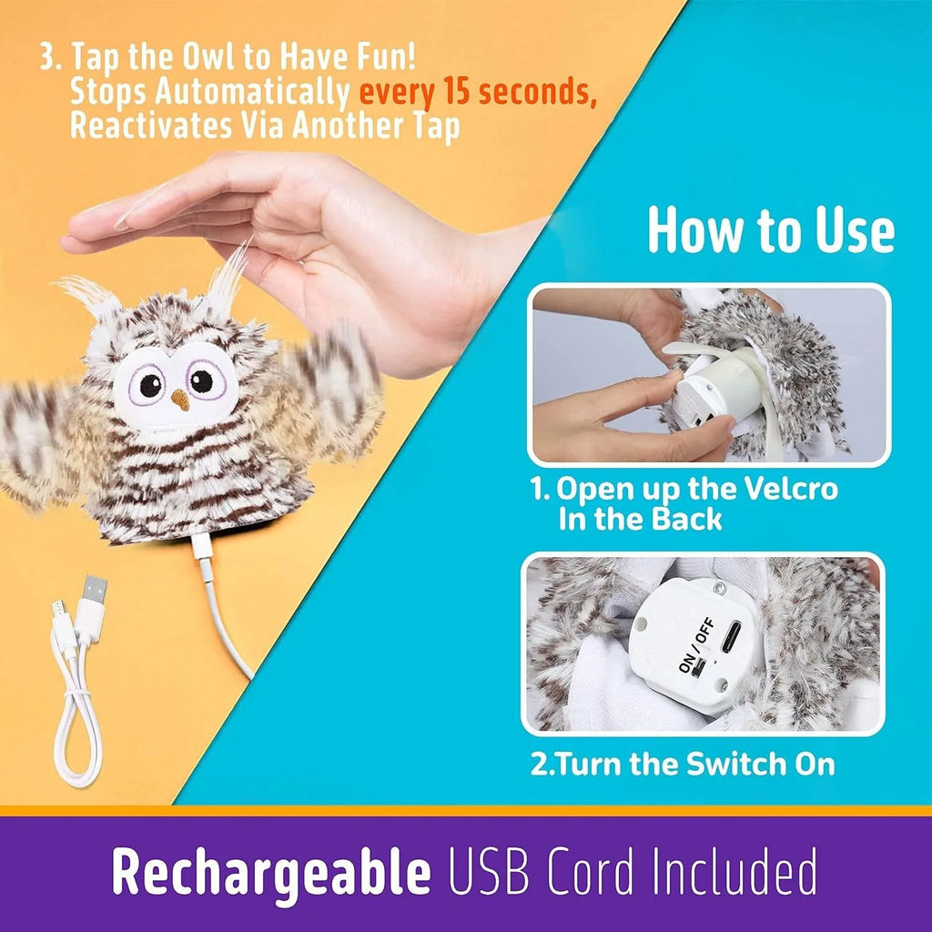 Grey automatic chirping owl cat toy with flapping wings on flat surface