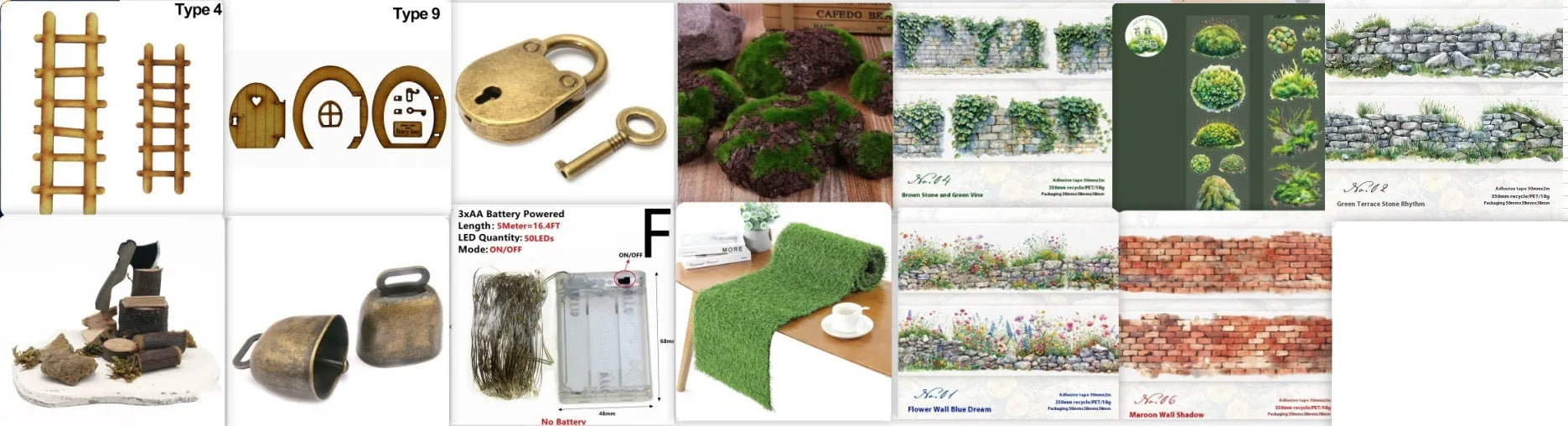 Forest Moss Series DIY decorative sticker set with PEt tape rolls, artificial moss pieces, wooden decorations, and small metal ornaments on a white background
