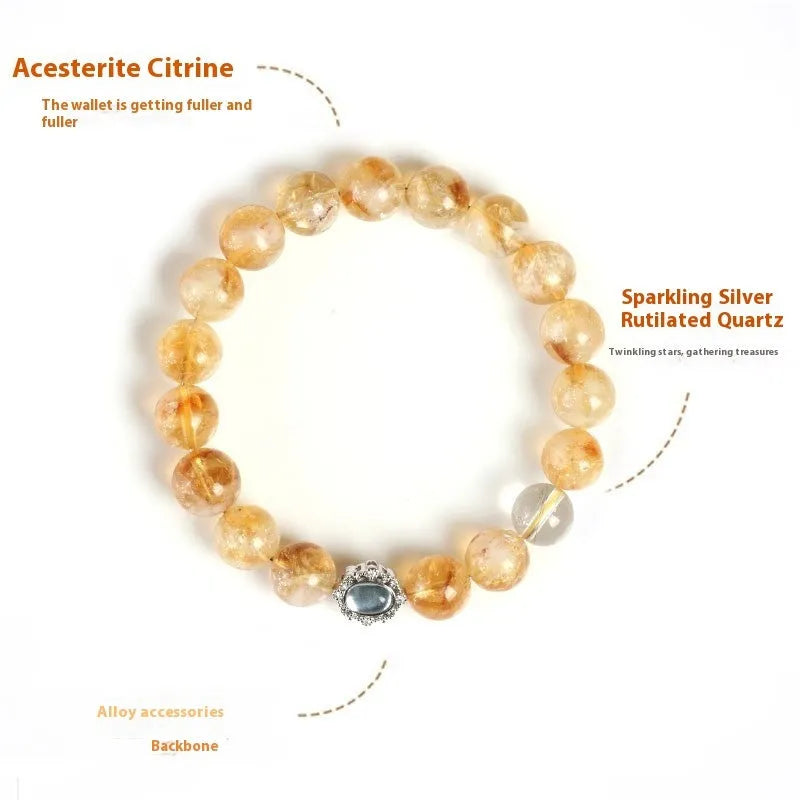 Citrine colour crystal bracelet with 10mm geometric beads on a wrist.