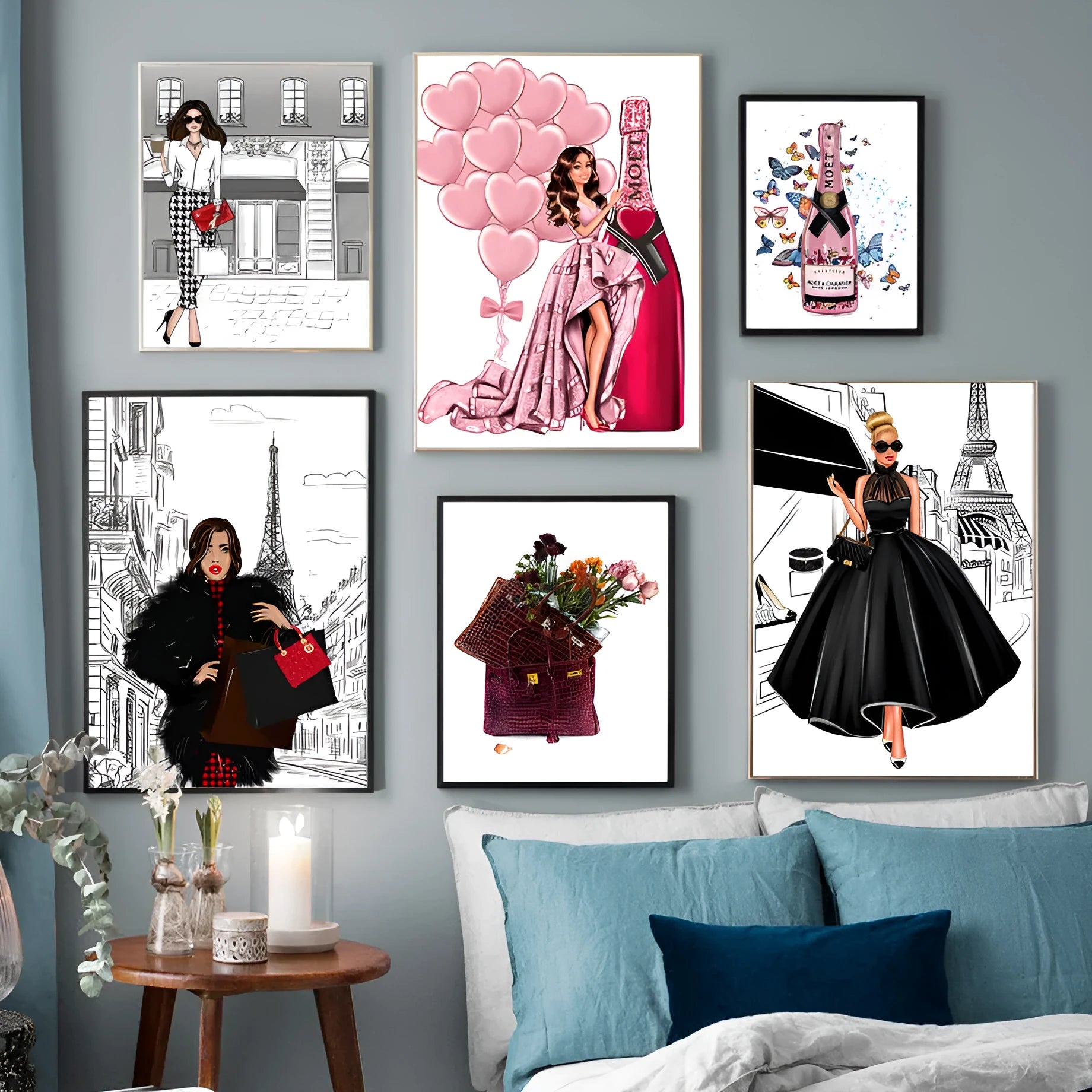 Fashion bag girl with balloons and champagne cartoon anime canvas print wall art
