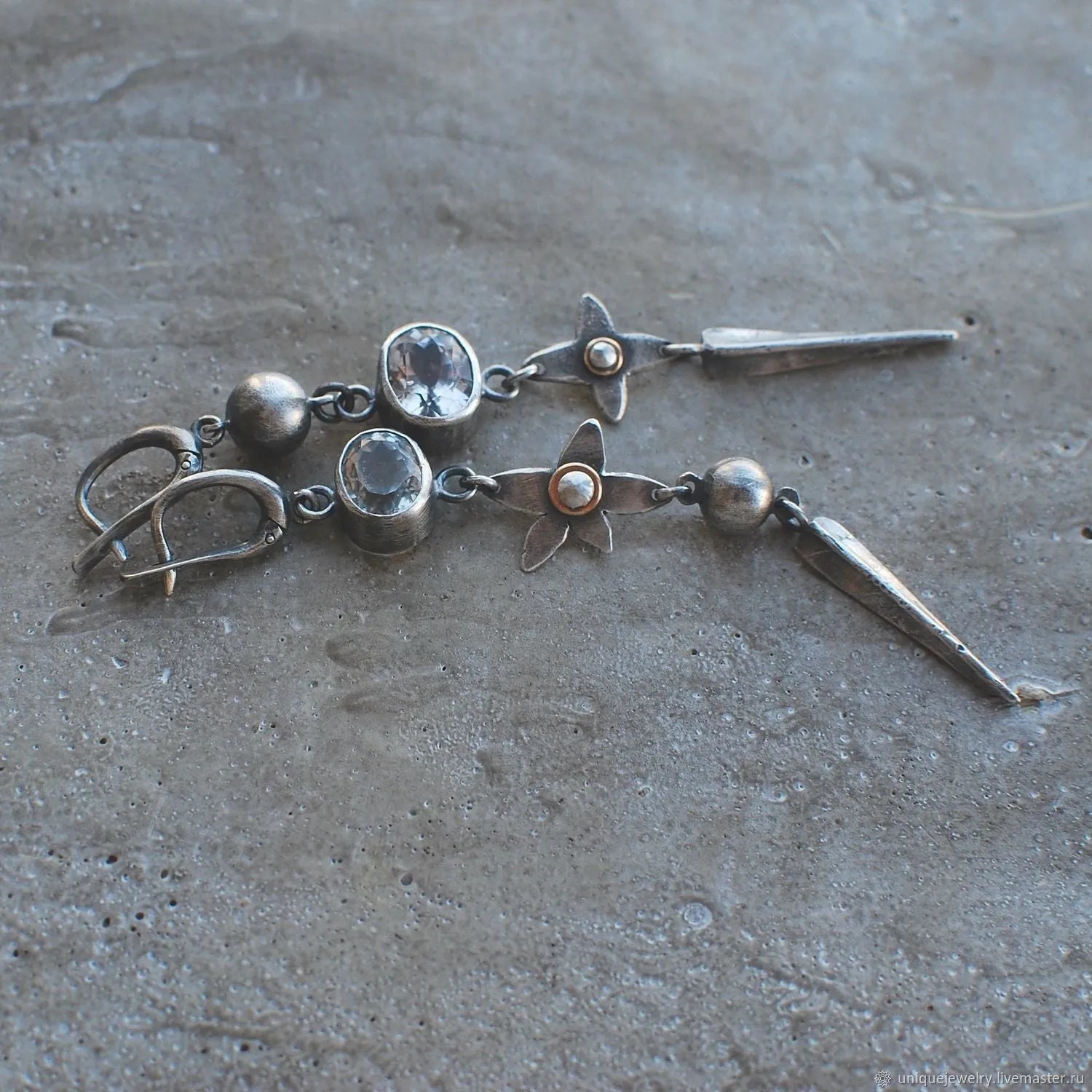 Geometric long pendant ear studs with antique silver plating and rhinestone XINGX detailing