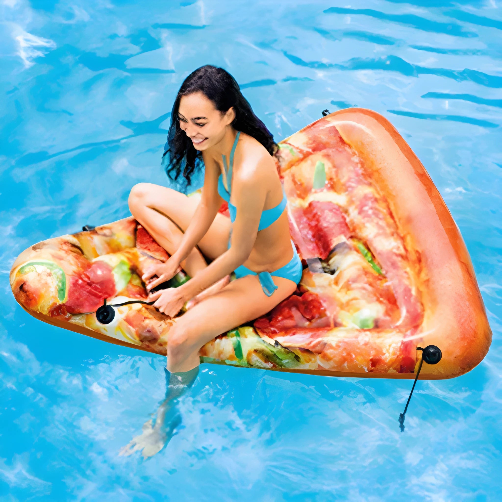 Large green pizza-shaped inflatable surfboard lounger floating on water