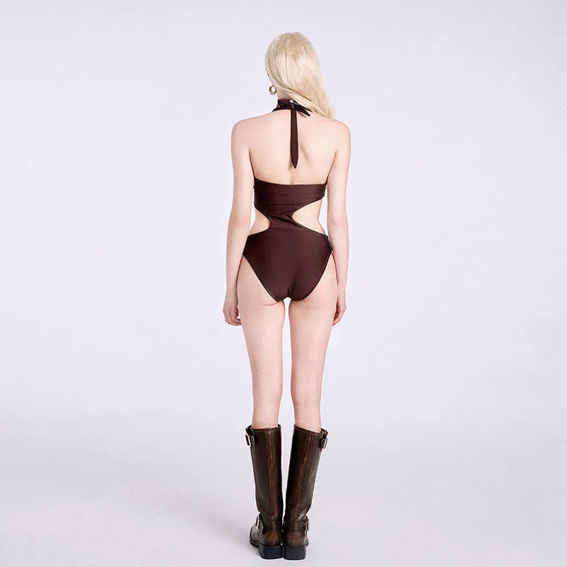 Dark brown one-piece sleeveless swimsuit for girls on a hanger