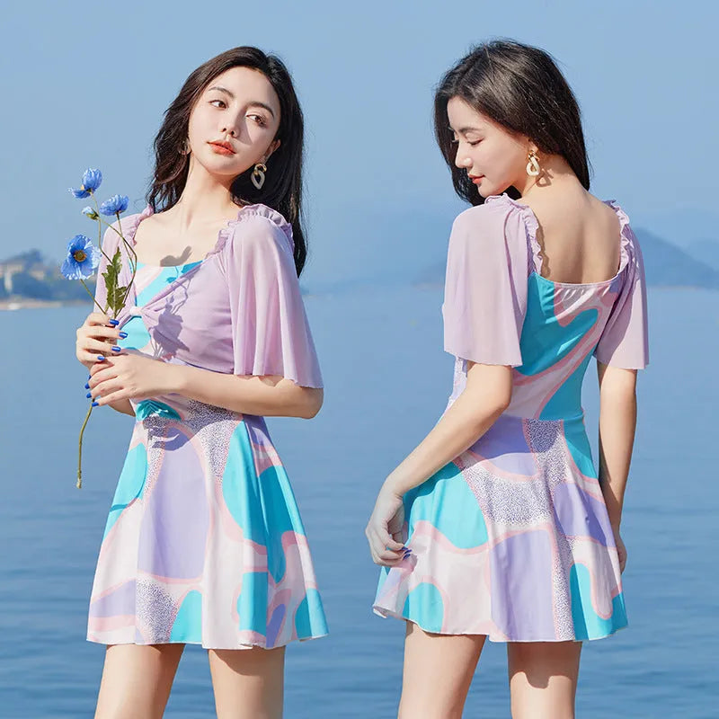 Women's high waist one-piece swimsuit with floral pattern in light purple or light blue