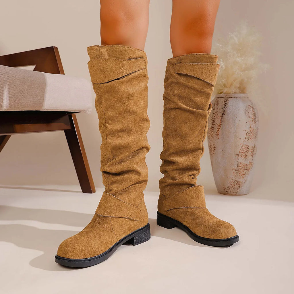 Women's pleated flat-bottom western cowboy boots with belt buckle, suede upper, mid block heel, slip-on round toe, black colour
