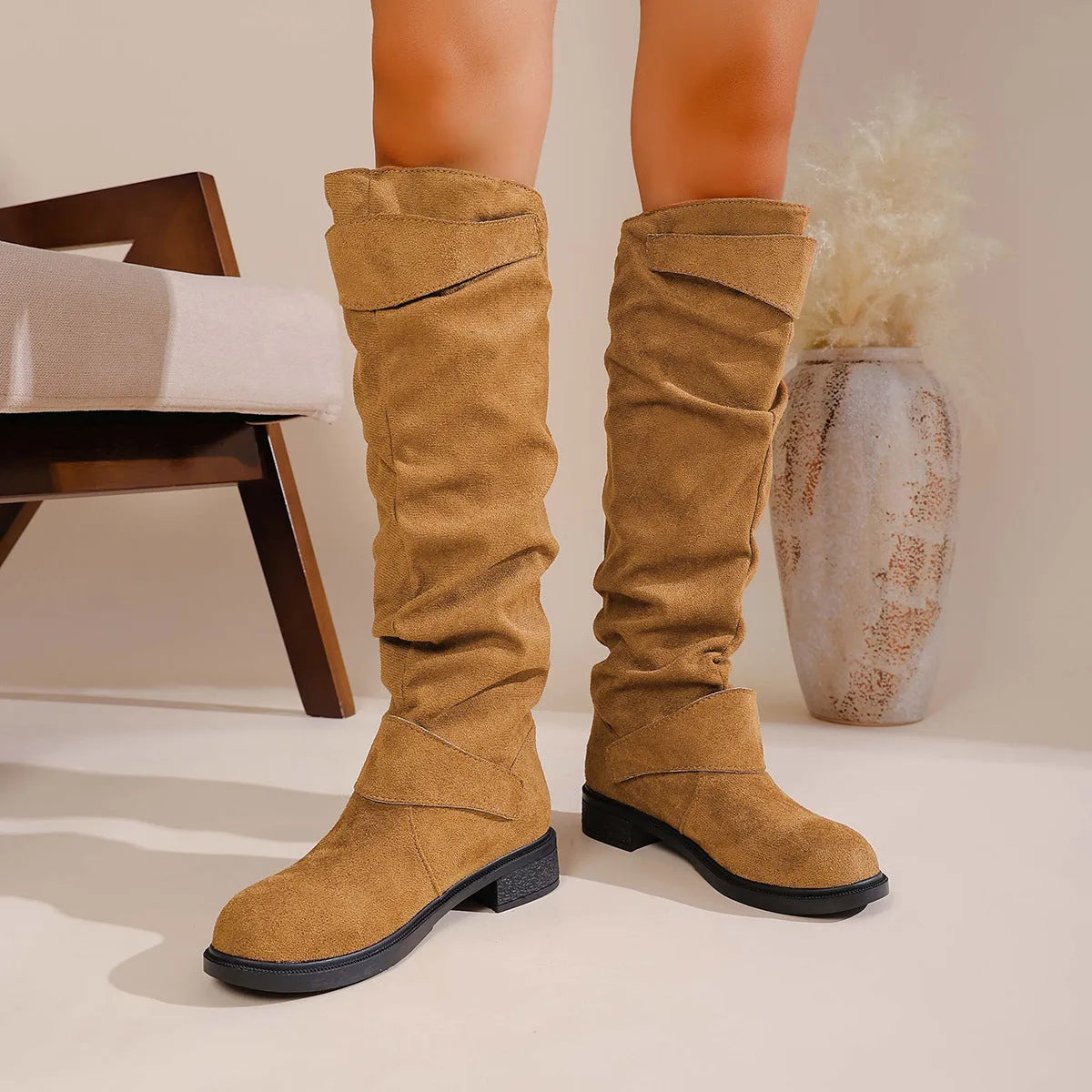 Women's pleated flat-bottom western cowboy boots with belt buckle, suede upper, mid block heel, slip-on round toe, black colour