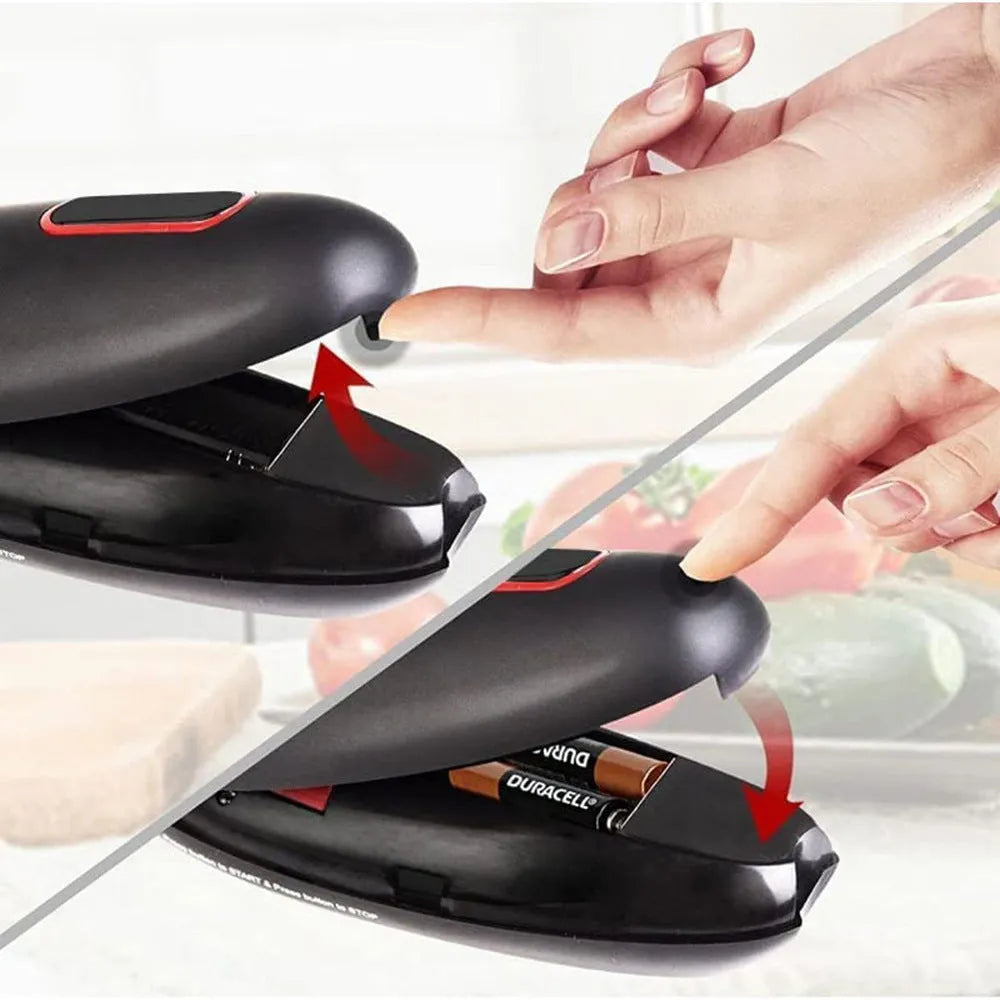 Black electric can opener gadget for opening cans, jars, and bottles