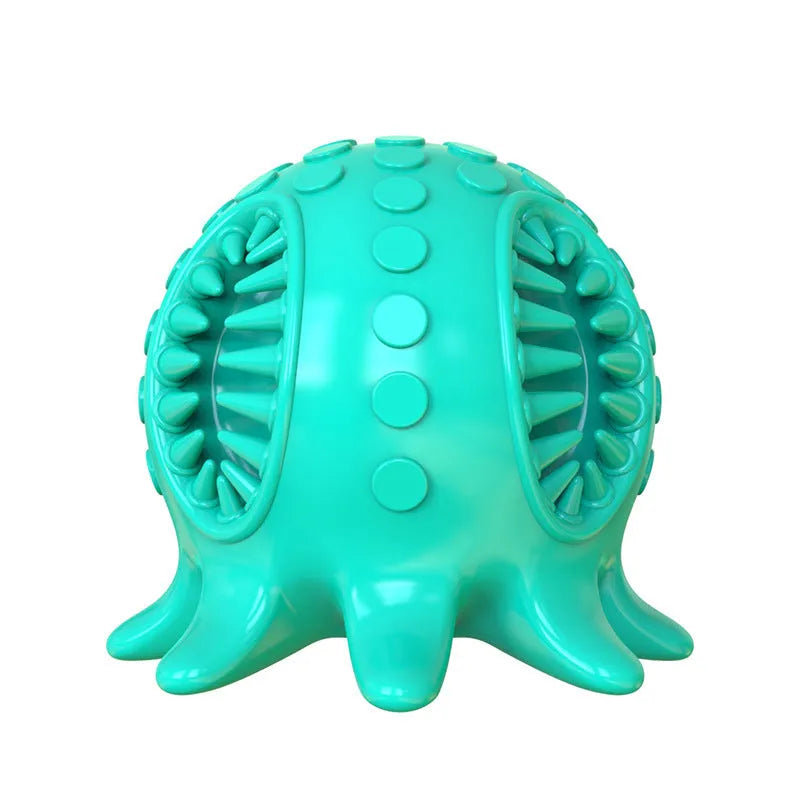 Small octopus dog toothbrush chew toy in blue with sound feature for teeth cleaning and bad breath removal