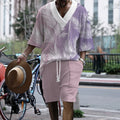 Men's printed knitted drop-shoulder short-sleeved top and shorts lounge set.