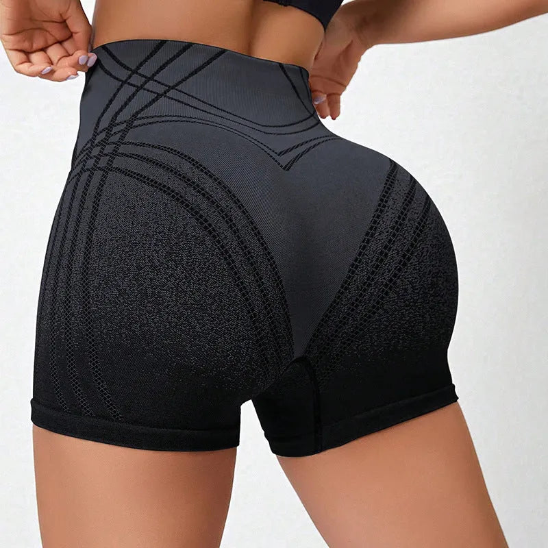 Women's black and brown gradient high waisted fitness shorts for yoga and running workouts