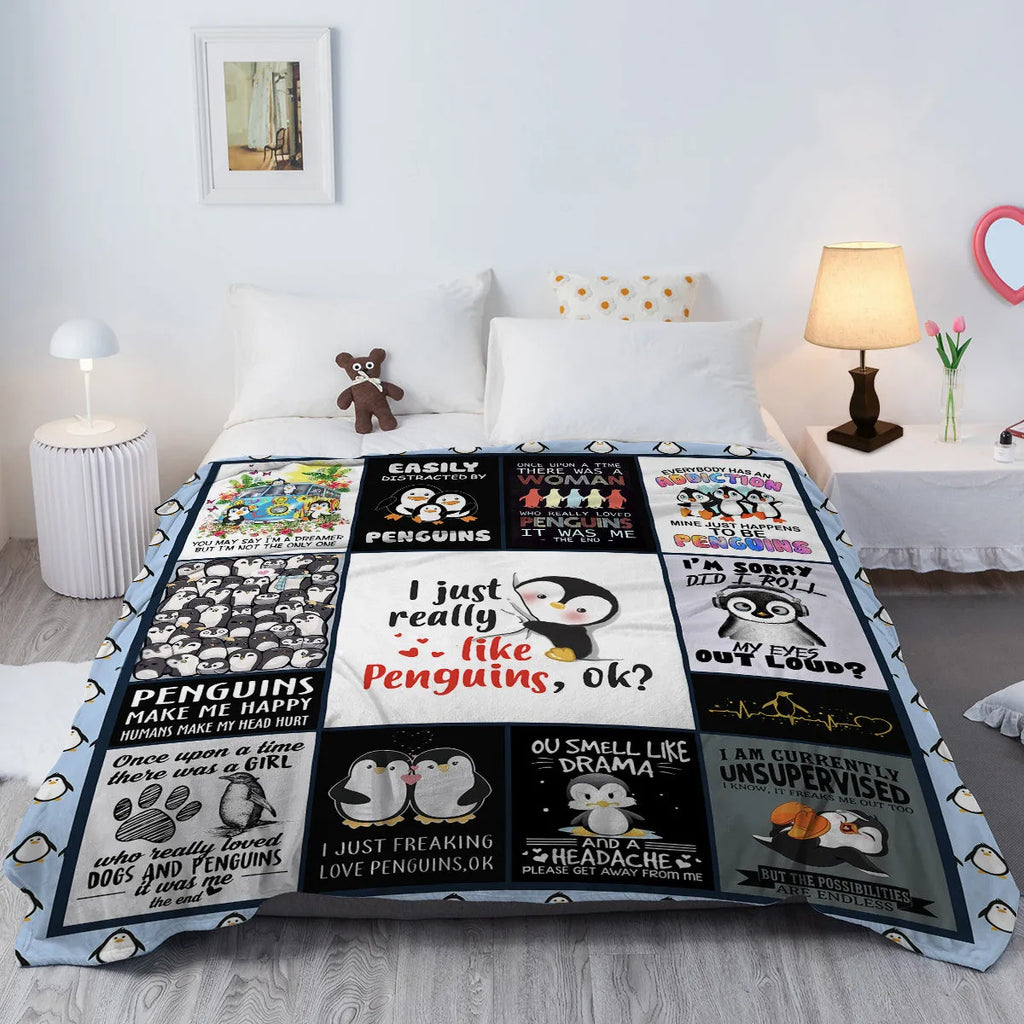 Multicoloured flannel throw blanket with penguin patterns, 130x150cm size on a sofa