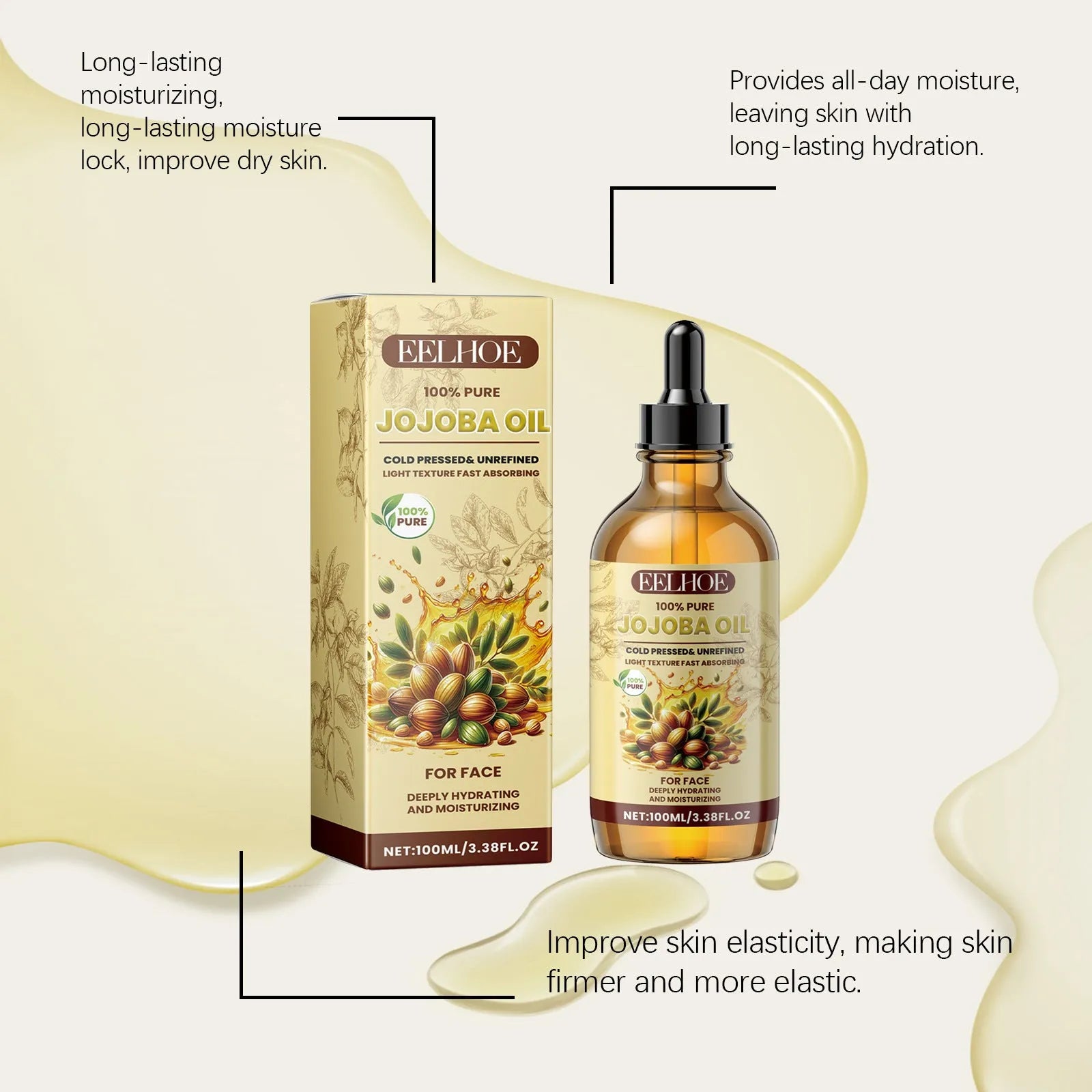 EELHOE Jojoba Face Oil 100ml bottle for facial moisturising brightening and firming skincare