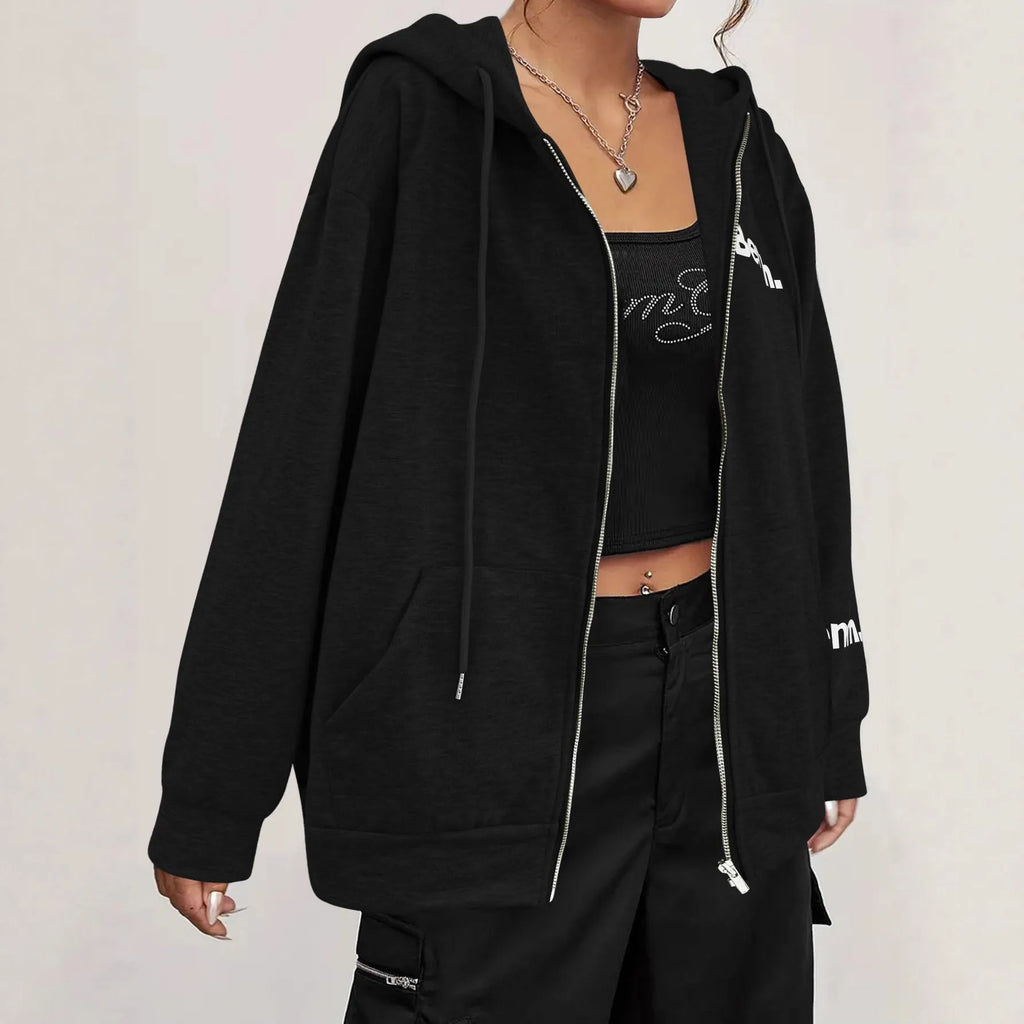 Grey loose fit zip-front hooded polyester coat on hanger