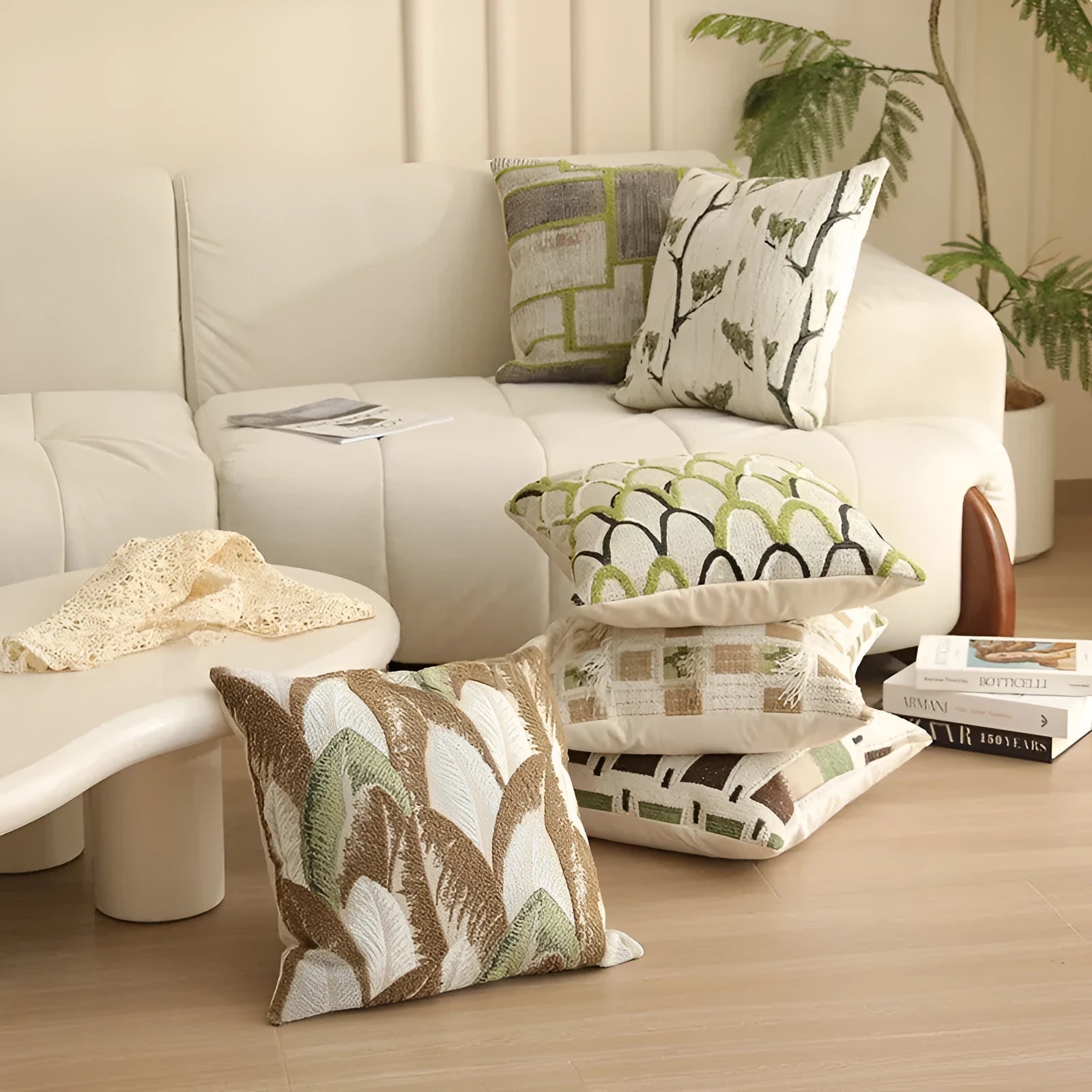 45cm square jacquard cushion cover with a retro plants and flowers pattern in various colours.