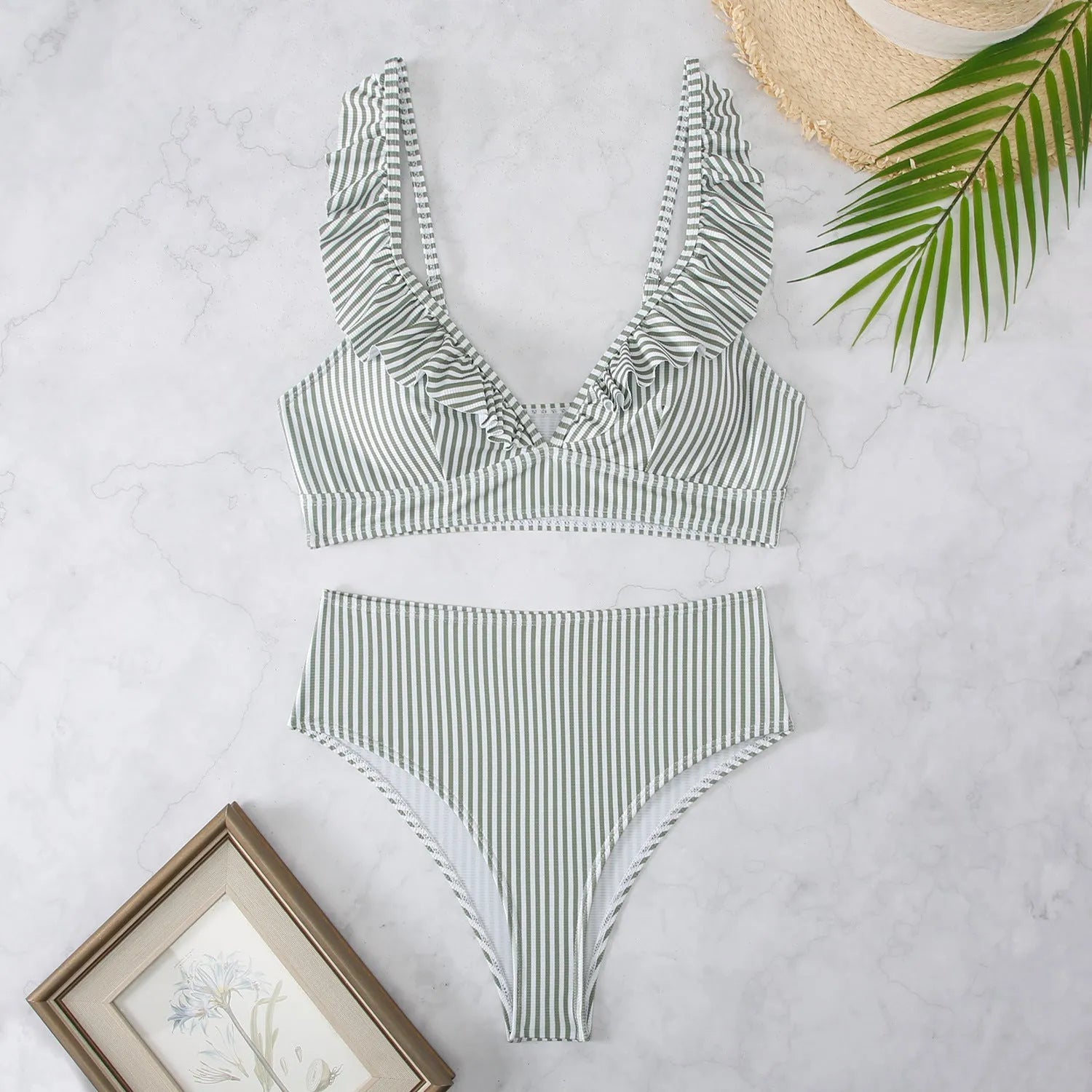 Retro striped split small chest bikini swimsuit in black, white, or coloured stripes