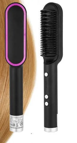 Red and black dual-function 2-in-1 hair straightener and curling tong hot comb on a white background