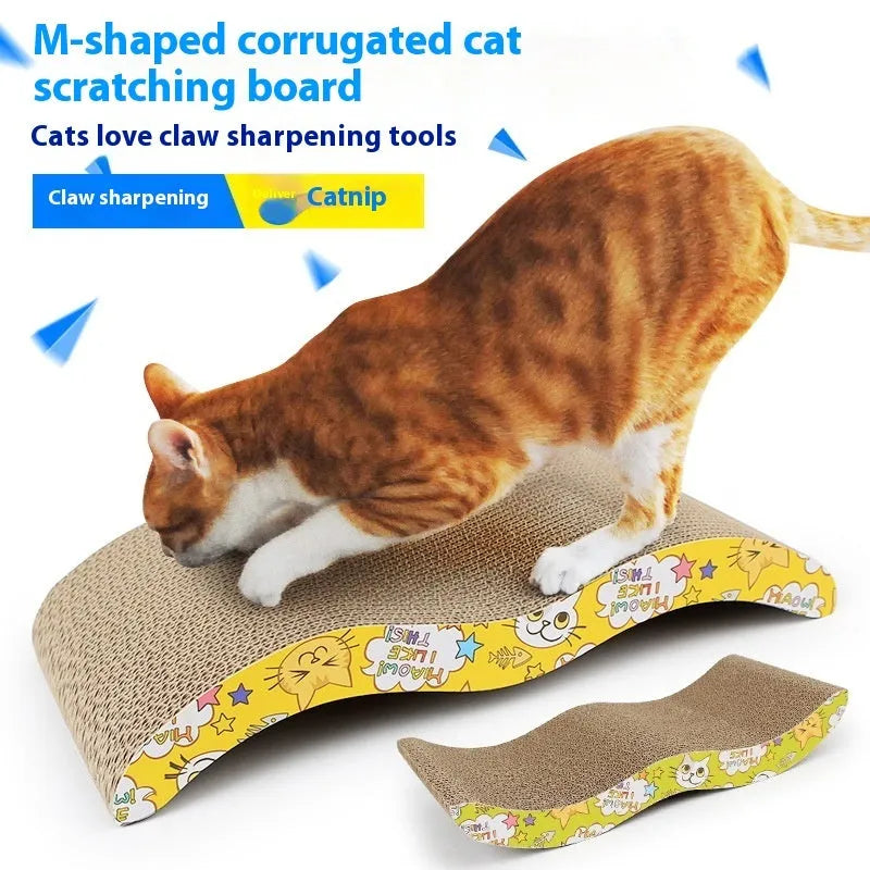Cat scratch board with leather toy in corrugated paper construction
