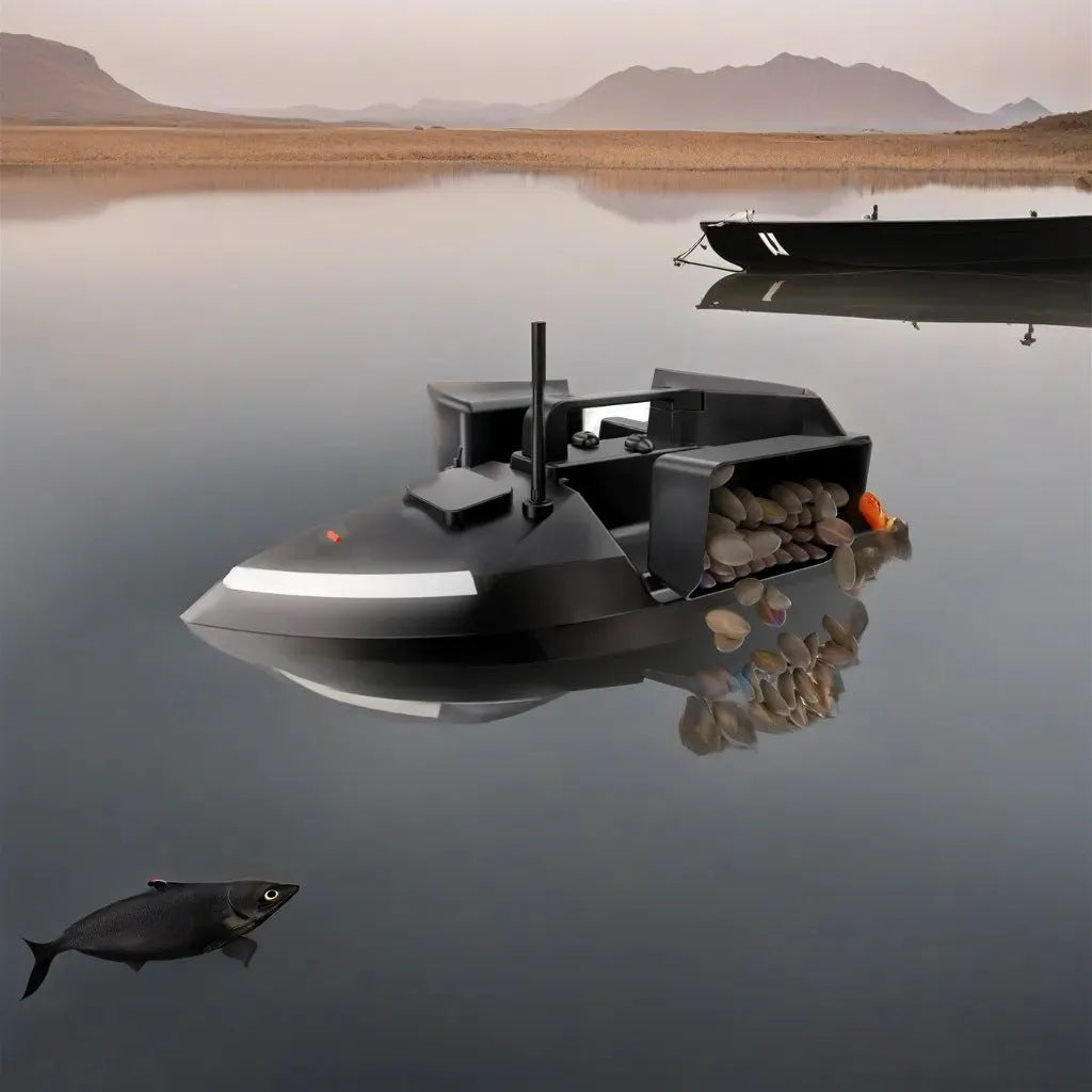 Yellow remote control fishing boat with GPS antenna on a calm lake at dusk, LED lights illuminated.