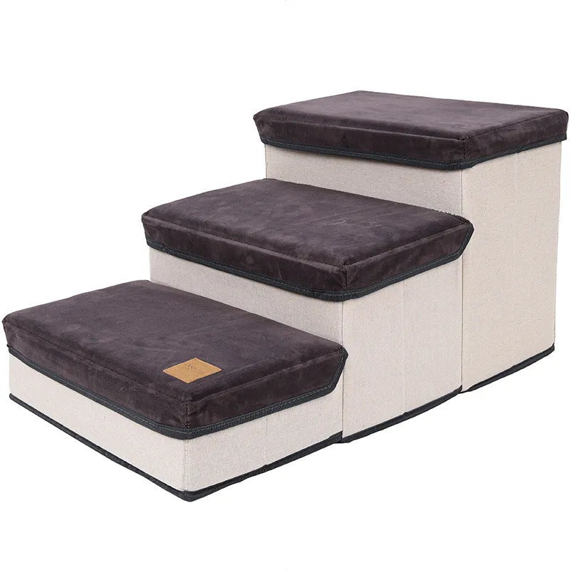 Foldable pet dog stairs in brown flannel and cotton with a cloth storage box underneath