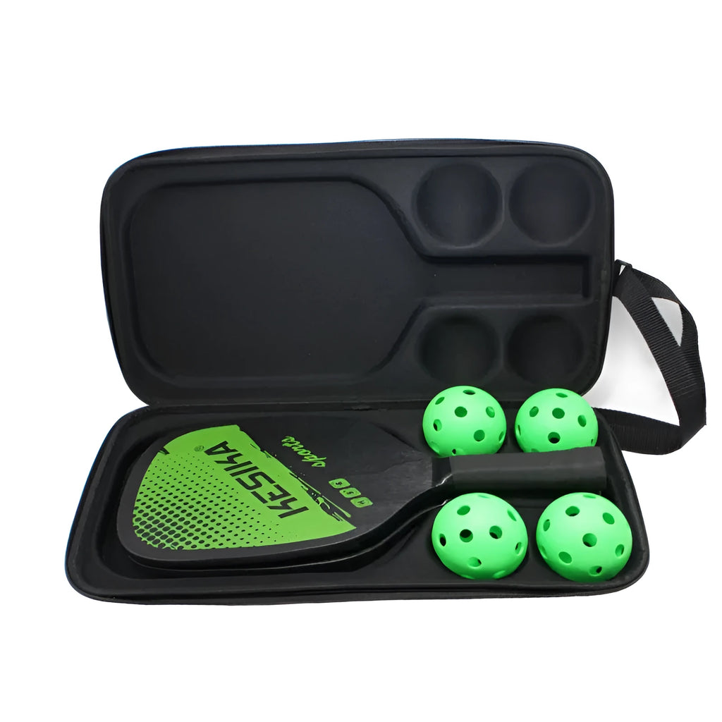 Black EVA pickleball storage case with two shoulder straps, shown with racket and balls inside.