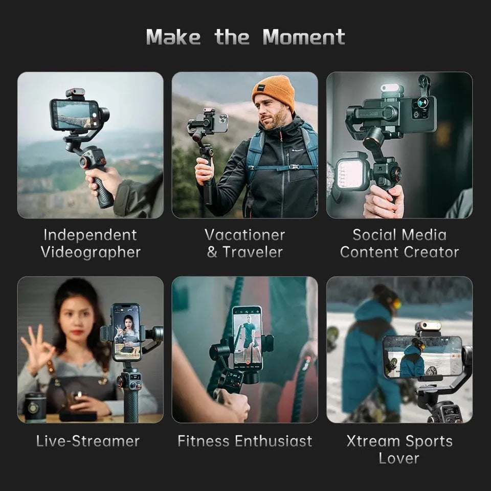 Black three-axis smartphone gimbal stabiliser with magnetic AI fill light attached and tripod extended