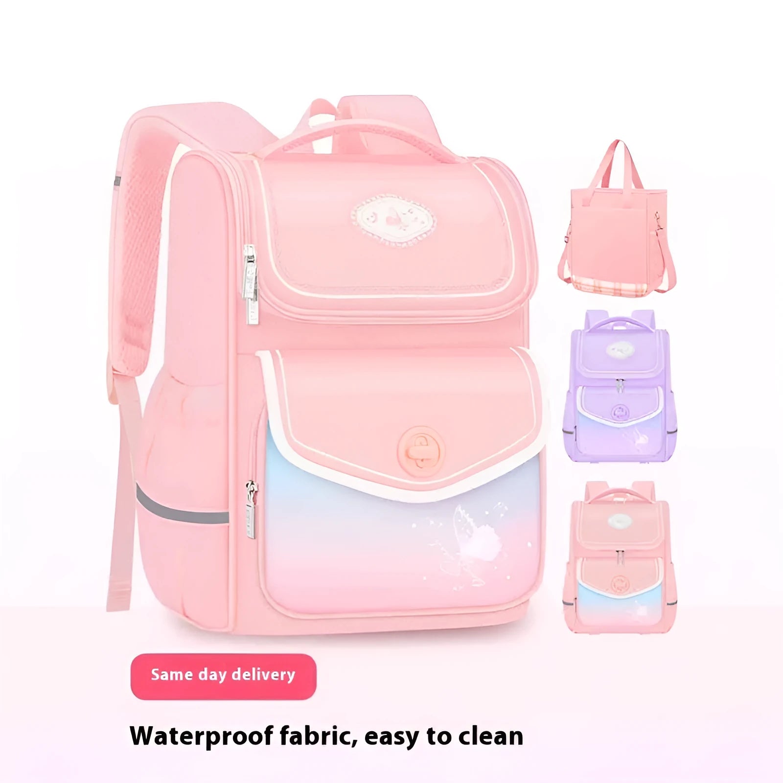 Girls' waterproof Oxford cloth schoolbag in pink, purple, or green colours for primary school years 3 to 6