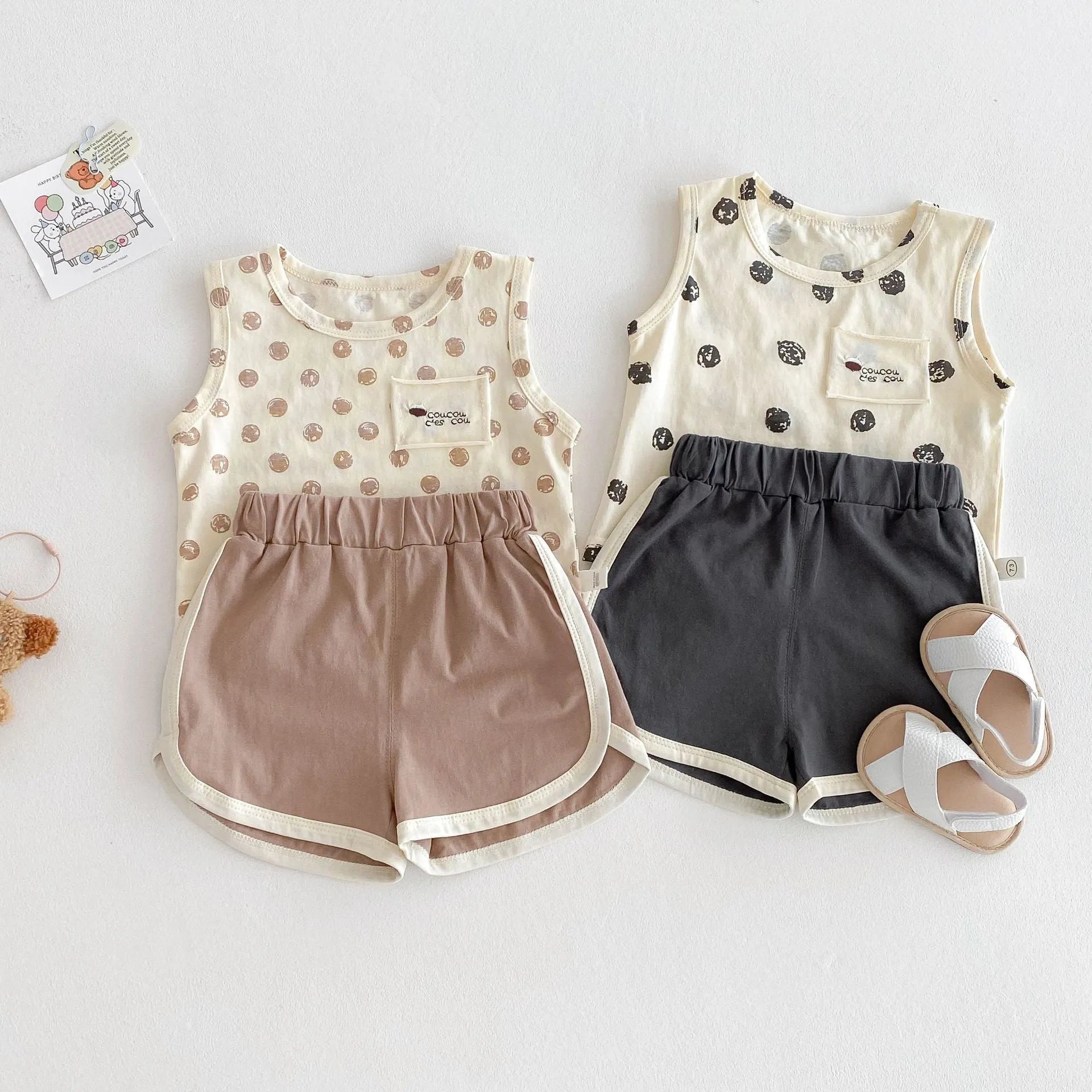 Cotton camisole and shorts two-piece set in brown and dark gray for children 73-120 cm tall