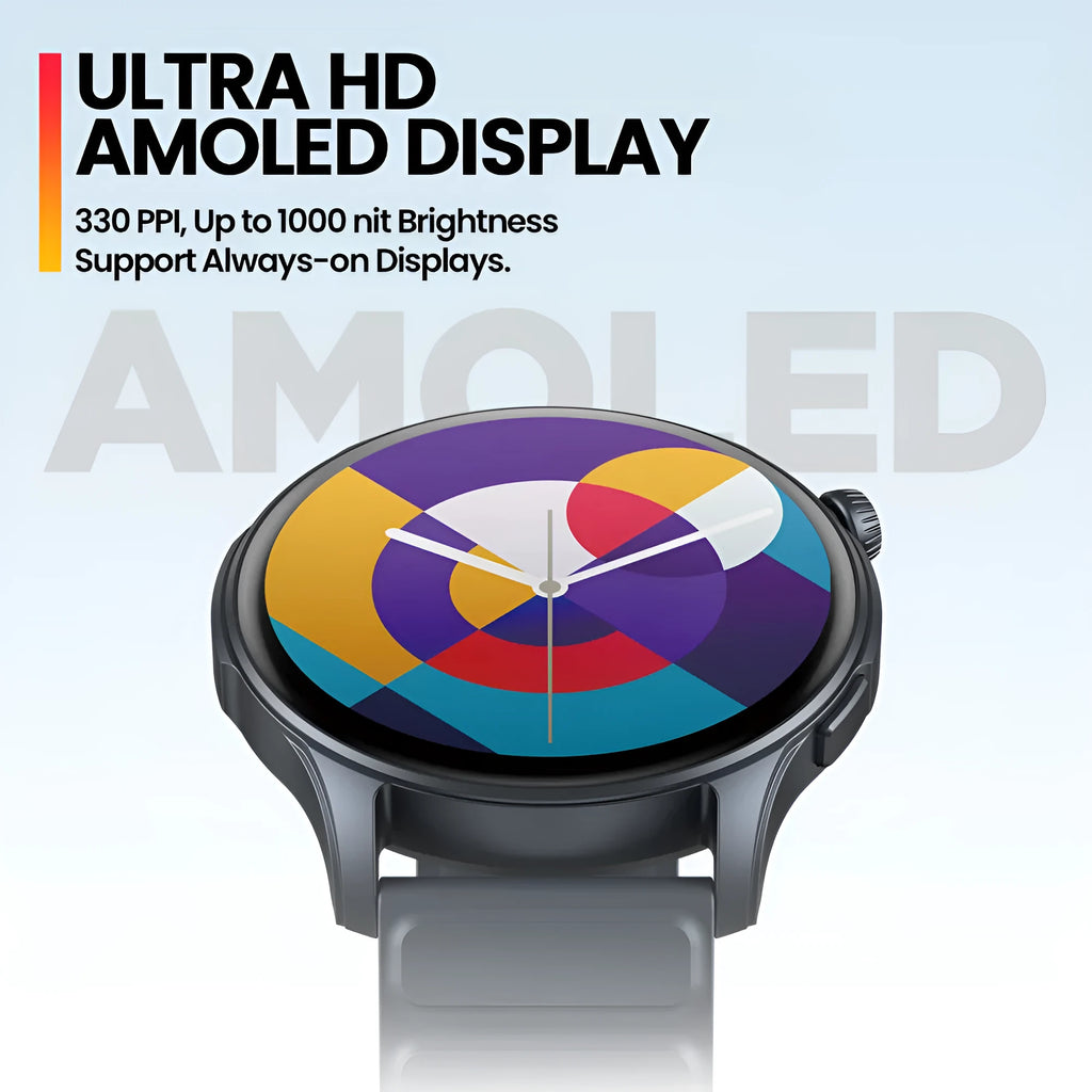 Btalk 3 Pro smart watch in blue, grey, or pink colours showing AMOLED screen and compact case