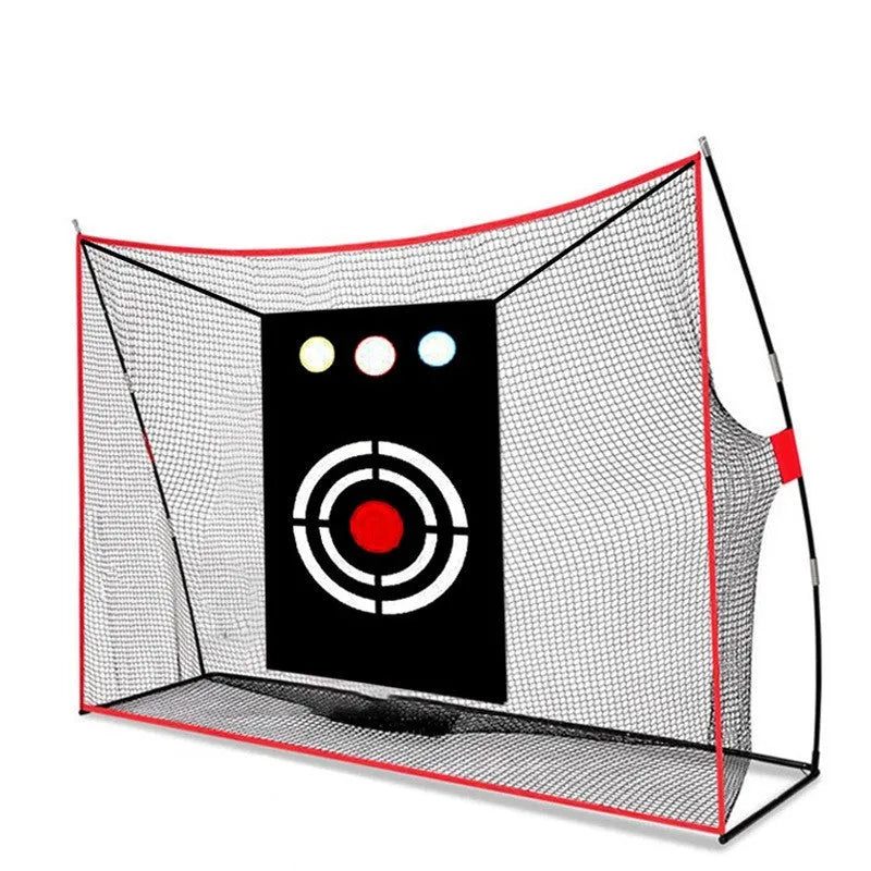 Golf swing wedge training net with 3-hole cross target, straw hitting mat, practice balls and tees