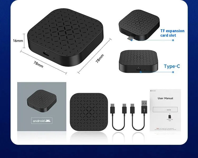 Black Android car connectivity box converting wired CarPlay to wireless smartphone integration