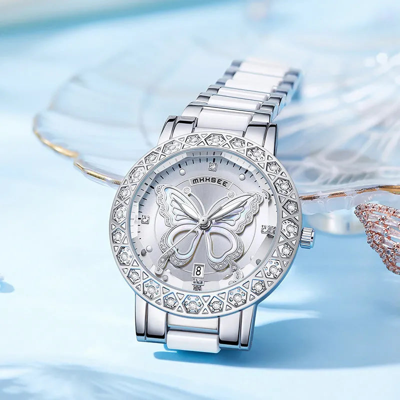 Butterfly diamond-encrusted women's watch with calendar and steel strap in pink dial