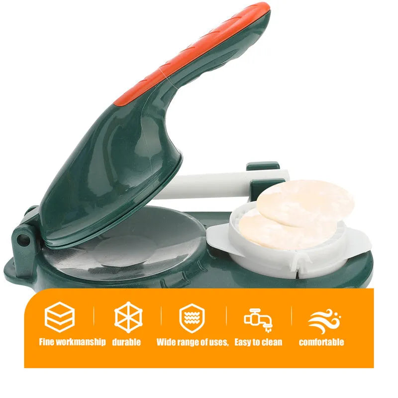 Plastic 3 in 1 dumpling maker with rolling pin and two props in white and green on a table