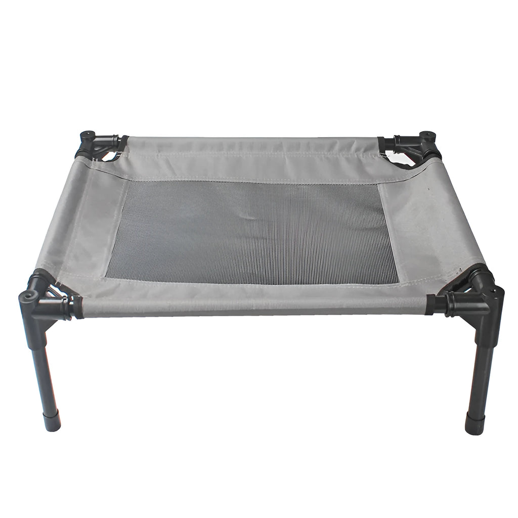 Black portable outdoor dog bed with steel frame and Oxford cloth cover for camping and travel