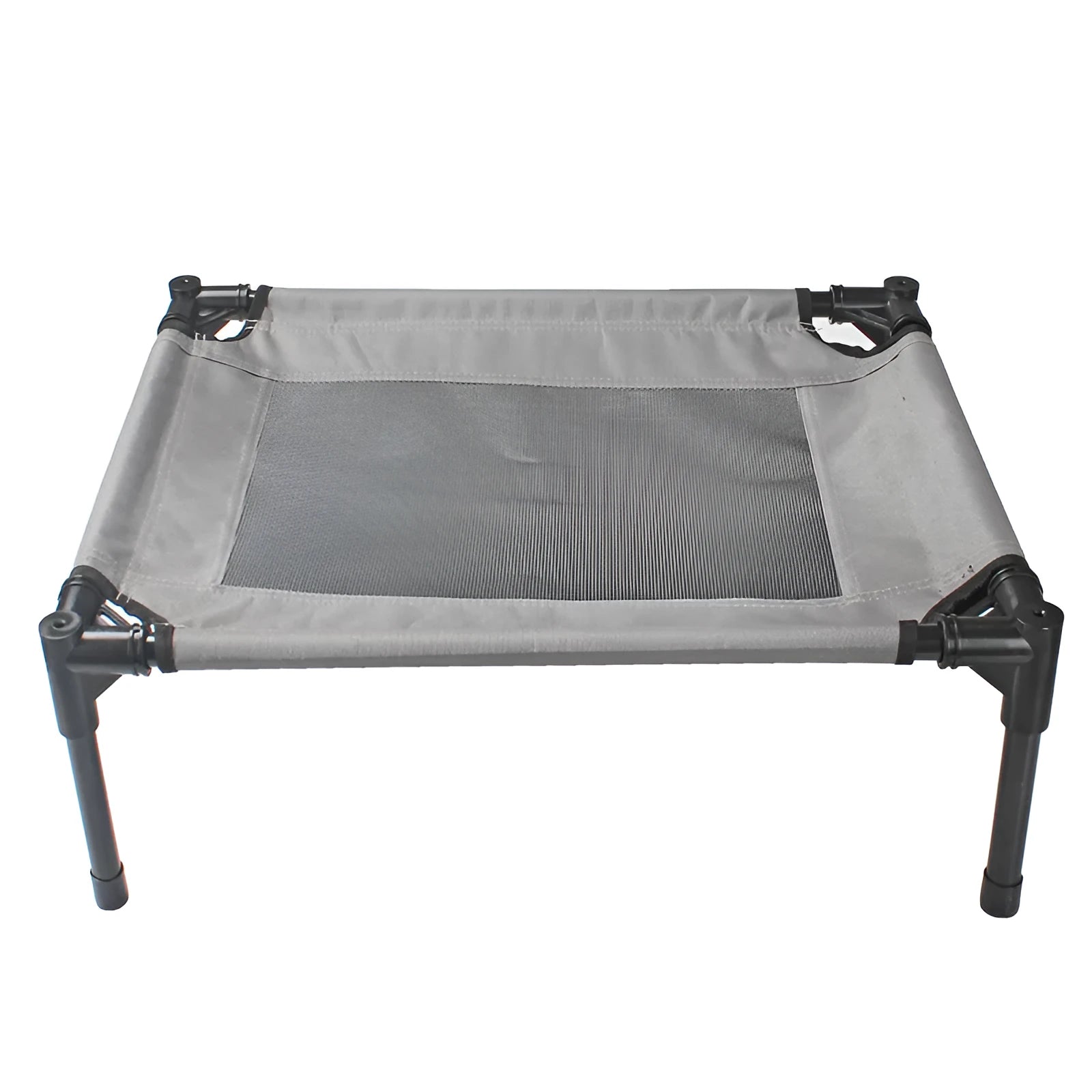 Black portable outdoor dog bed with steel frame and Oxford cloth cover for camping and travel