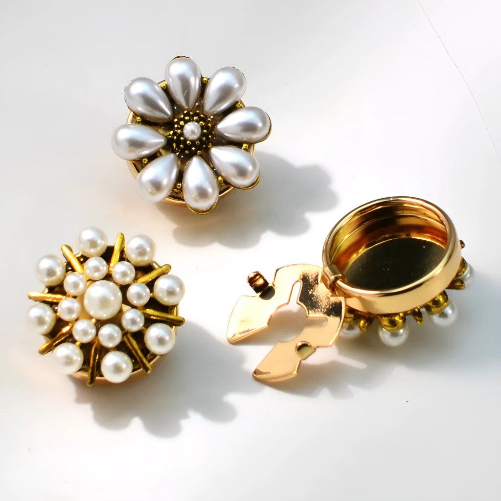 Flower-shaped cufflink brooch with pearl and rhinestone detail on electroplated metal, unisex Korean style, single brooch
