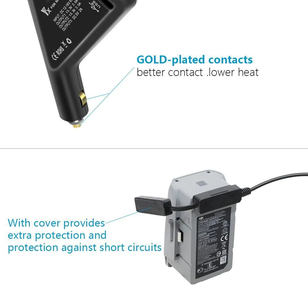 DJI Mini 2 dual electric car charger in metal black with two battery ports and USB output