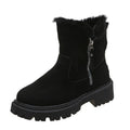 Women's black faux suede high-top snow boot with side zipper on a non-slip rubber sole.