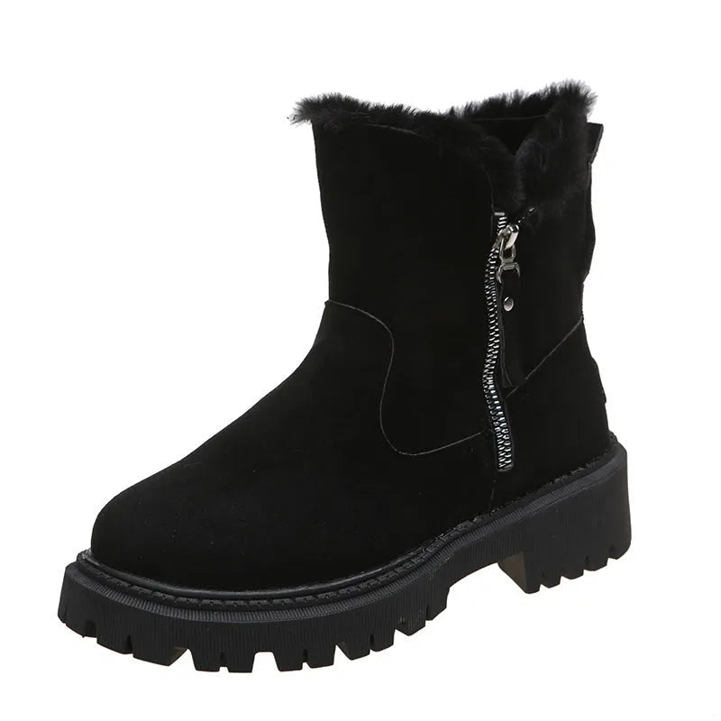 Women's black faux suede high-top snow boot with side zipper on a non-slip rubber sole.