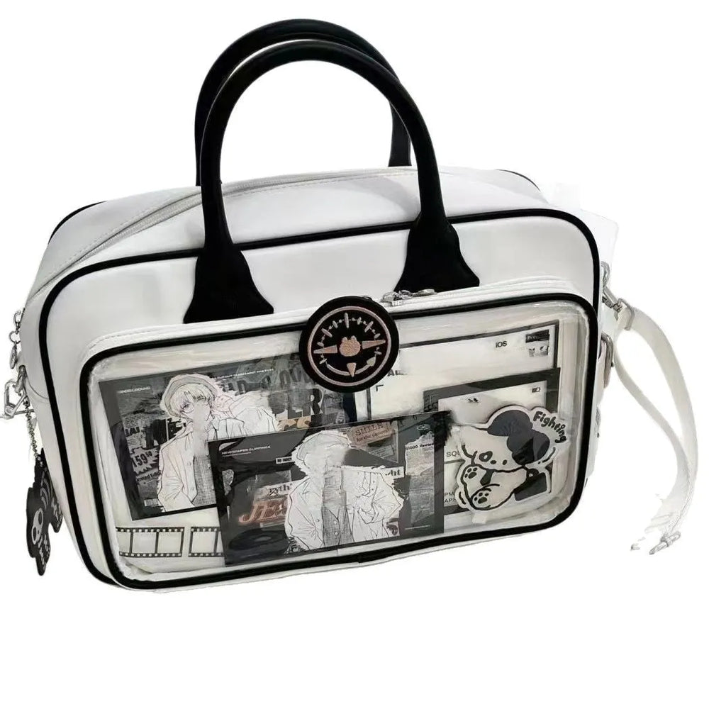 One-shoulder crossbody bag in PU, 42x24cm, white or black, with zipper change bag and outer pocket.