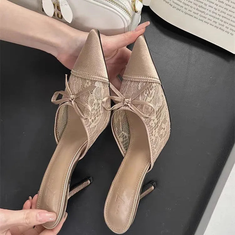 Women's lace pointed toe high heels with bowknot detail in light brown colour